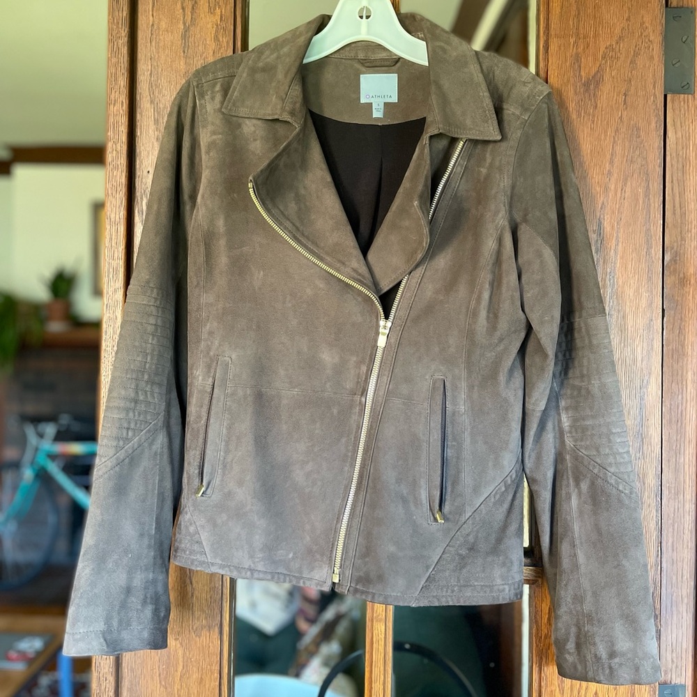 Athleta Brown Leather Moto Jacket Asymmetrical Zipper